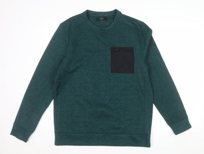 AW85 Men's Green Crew Neck Pullover Sweatshirt Size M with Zip Pocket