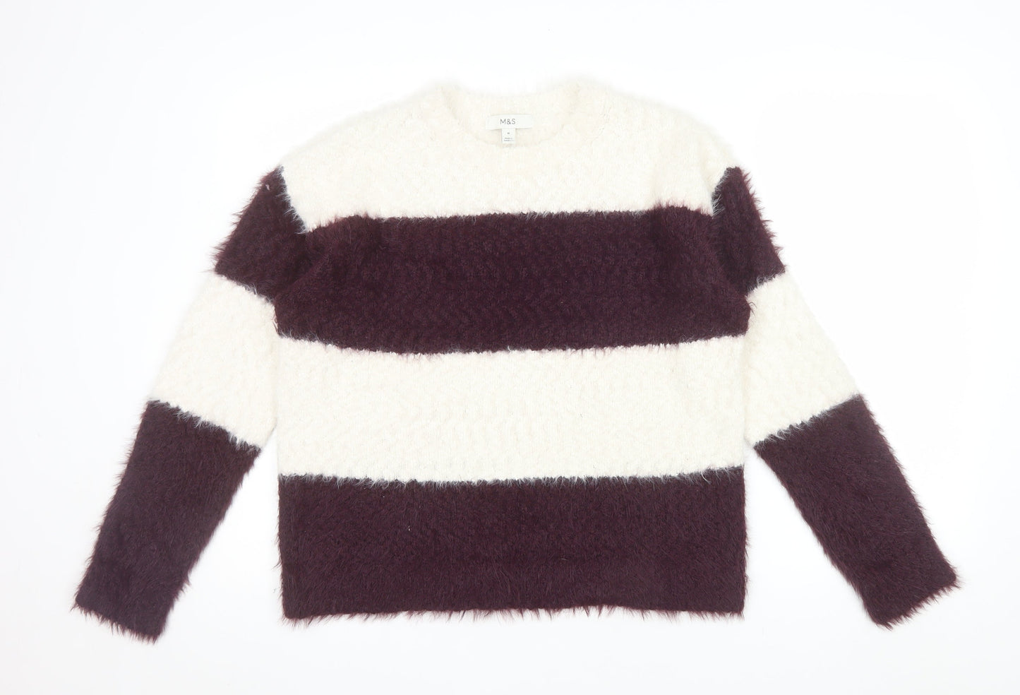 Marks and Spencer Womens Cream Burgundy Striped Knit Jumper Size M