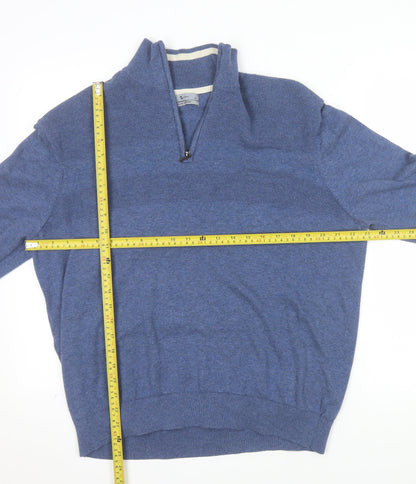 Tu Men's Blue Cotton Half Zip High Neck Jumper XL