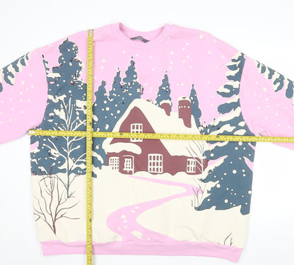 George Women Pink Christmas Cottage Print Pullover Sweatshirt XL 20-22