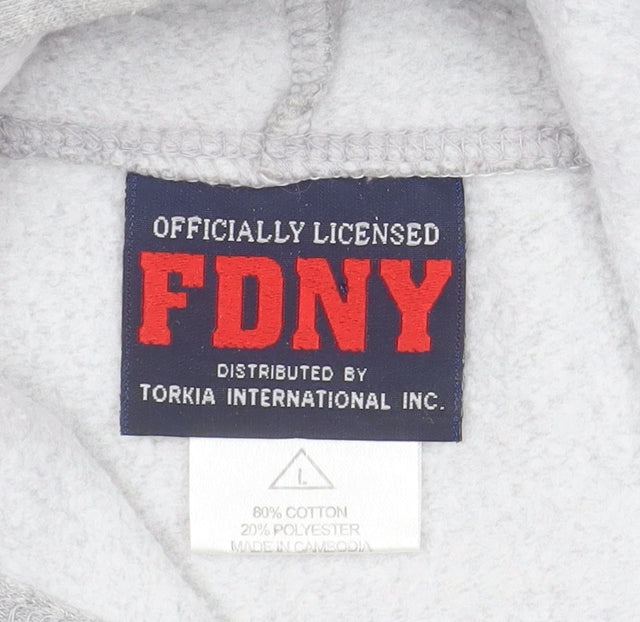 FDNY Men’s Grey Pullover Hoodie Size L Regular Fit Logo Sweatshirt