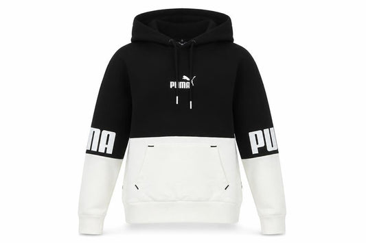 Front view of Puma women’s black & white pullover hoodie xs colourblock logo