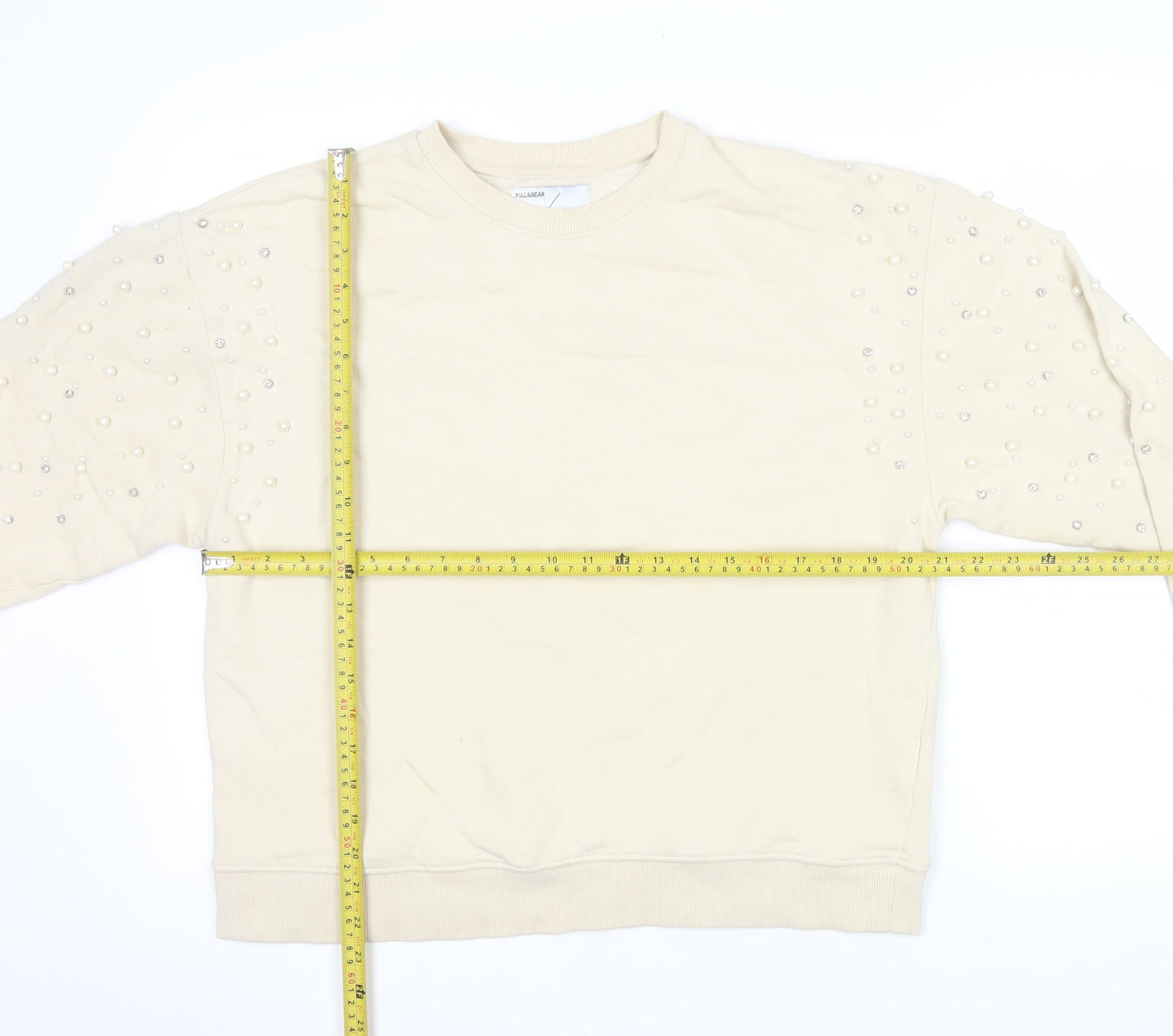 Pull&Bear Women Beige Beaded Long Sleeve Pullover Sweatshirt Size M