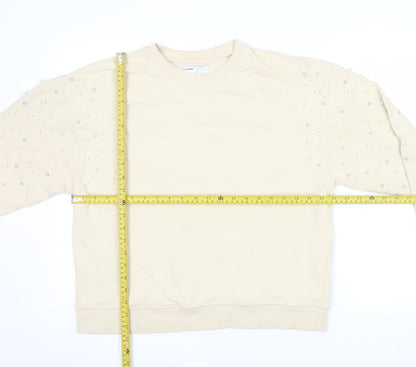 Pull&Bear Women Beige Beaded Long Sleeve Pullover Sweatshirt Size M