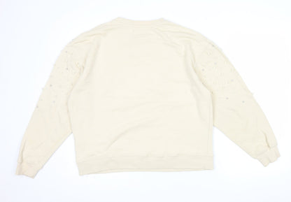 Pull&Bear Women Beige Beaded Long Sleeve Pullover Sweatshirt Size M