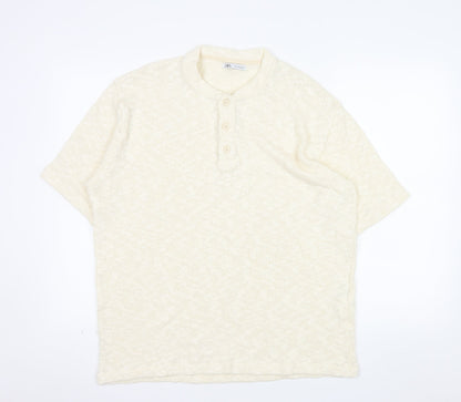 Zara Men Beige Cotton Short Sleeve Henley Knit T-Shirt XL