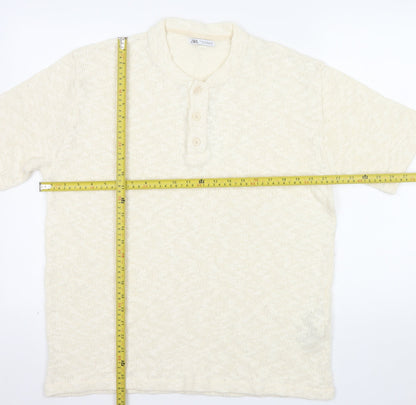 Zara Men Beige Cotton Short Sleeve Henley Knit T-Shirt XL