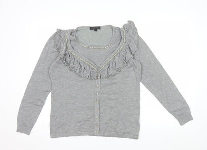 Christina Women Grey Beaded Ruffle V-Neck Cardigan L