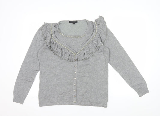 Christina Women Grey Beaded Ruffle V-Neck Cardigan L