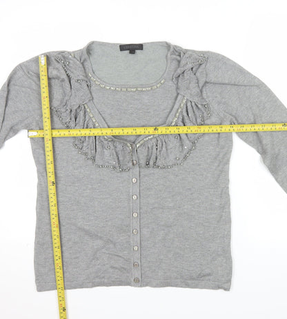 Christina Women Grey Beaded Ruffle V-Neck Cardigan L