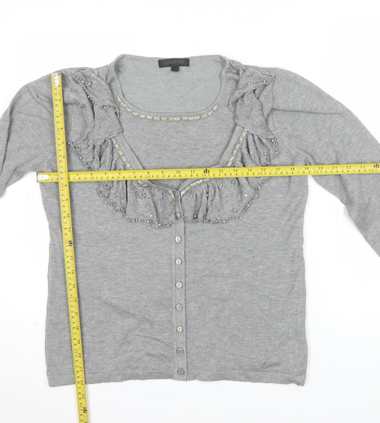 Christina Women Grey Beaded Ruffle V-Neck Cardigan L