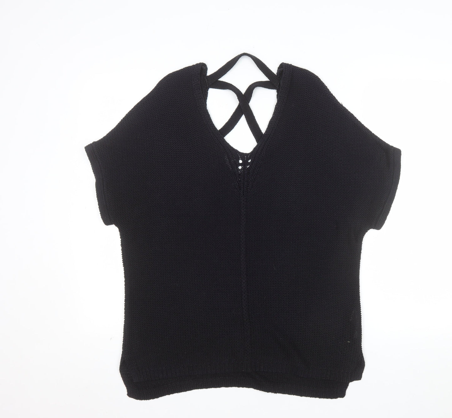 F&F Women Black V-Neck Short Sleeve Knit Pullover Jumper UK 10