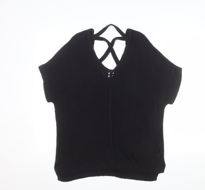 F&F Women Black V-Neck Short Sleeve Knit Pullover Jumper UK 10