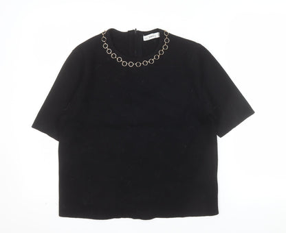 Zara Women Black Short Sleeve Knit Blouse Size 12 with Chain Detail