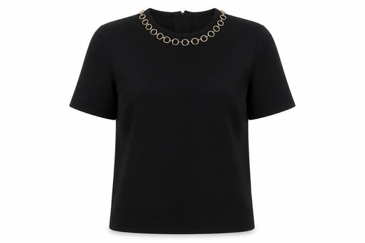 Zara Women Black Short Sleeve Knit Blouse Size 12 with Chain Detail