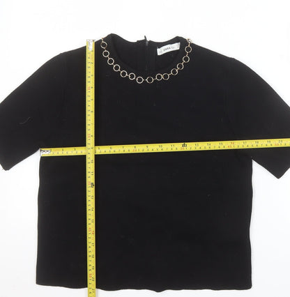 Zara Women Black Short Sleeve Knit Blouse Size 12 with Chain Detail