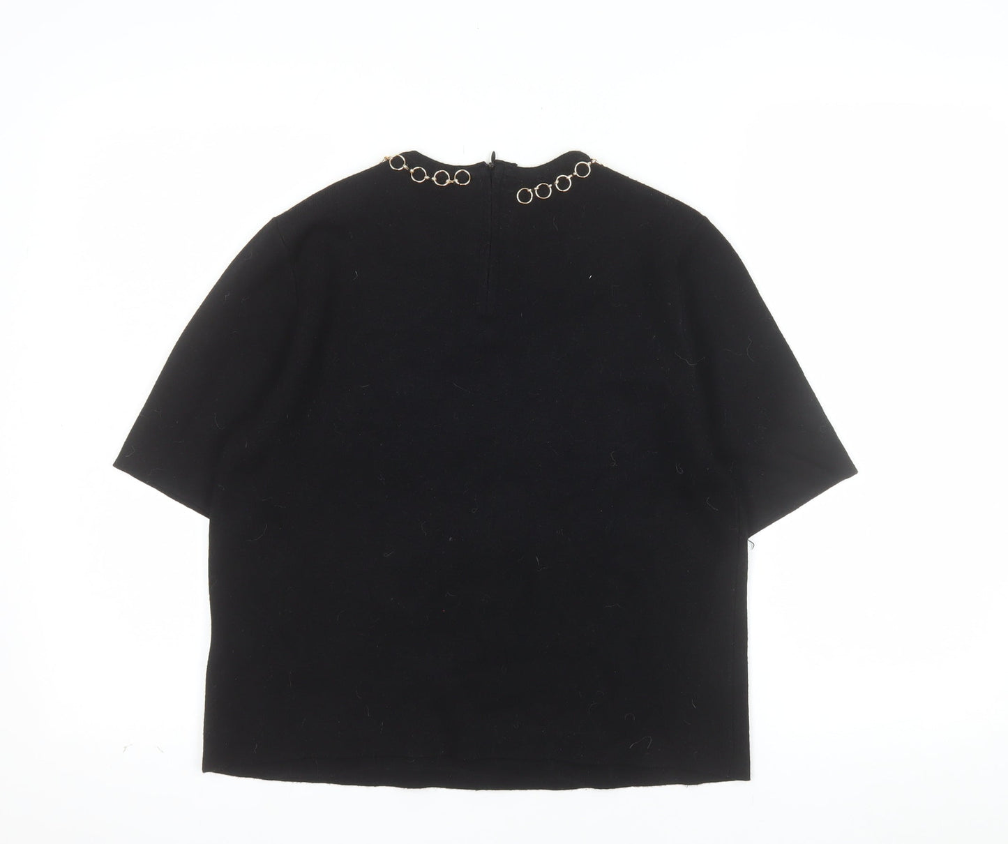 Zara Women Black Short Sleeve Knit Blouse Size 12 with Chain Detail