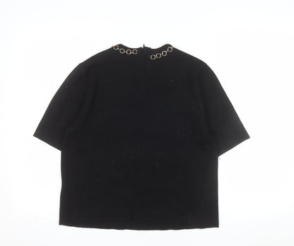 Zara Women Black Short Sleeve Knit Blouse Size 12 with Chain Detail