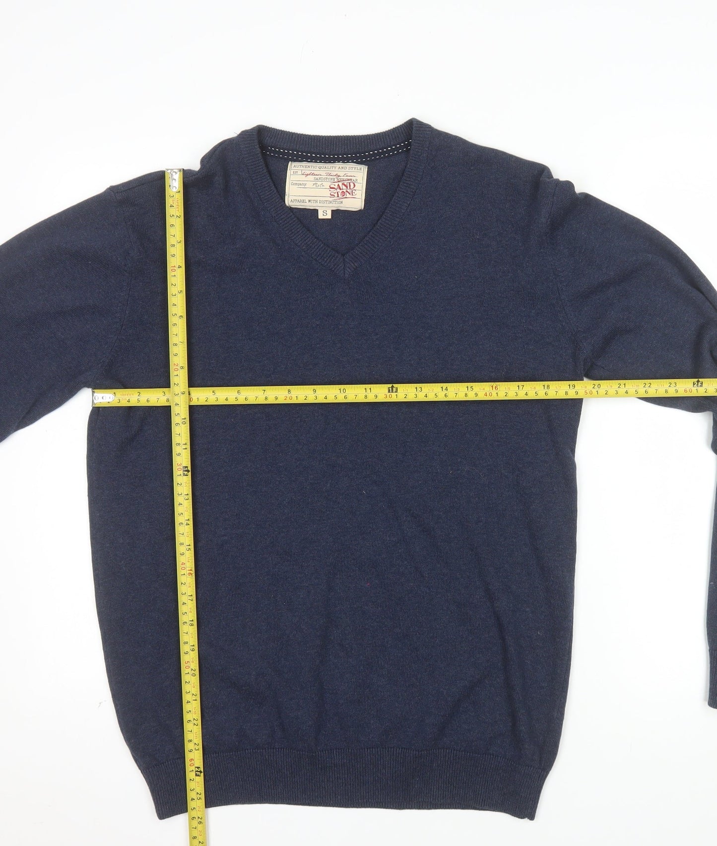 Sandstone Men's Blue Cotton V-Neck Jumper Size S