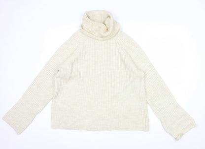 Stradivarius Women Beige Roll Neck Ribbed Knit Jumper Size 12