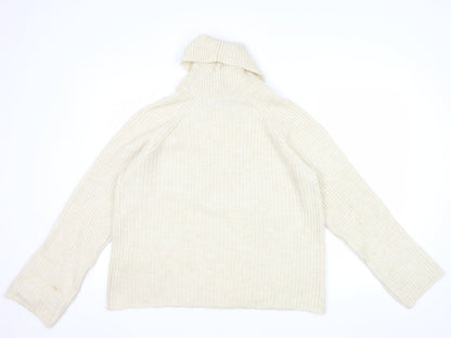 Stradivarius Women Beige Roll Neck Ribbed Knit Jumper Size 12