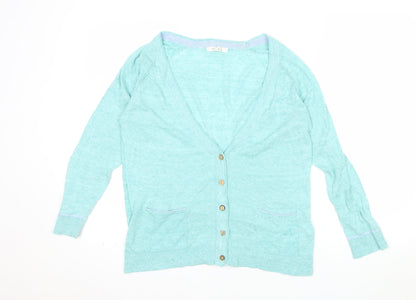White Stuff Women's Blue Linen Cotton V-Neck Cardigan UK 10