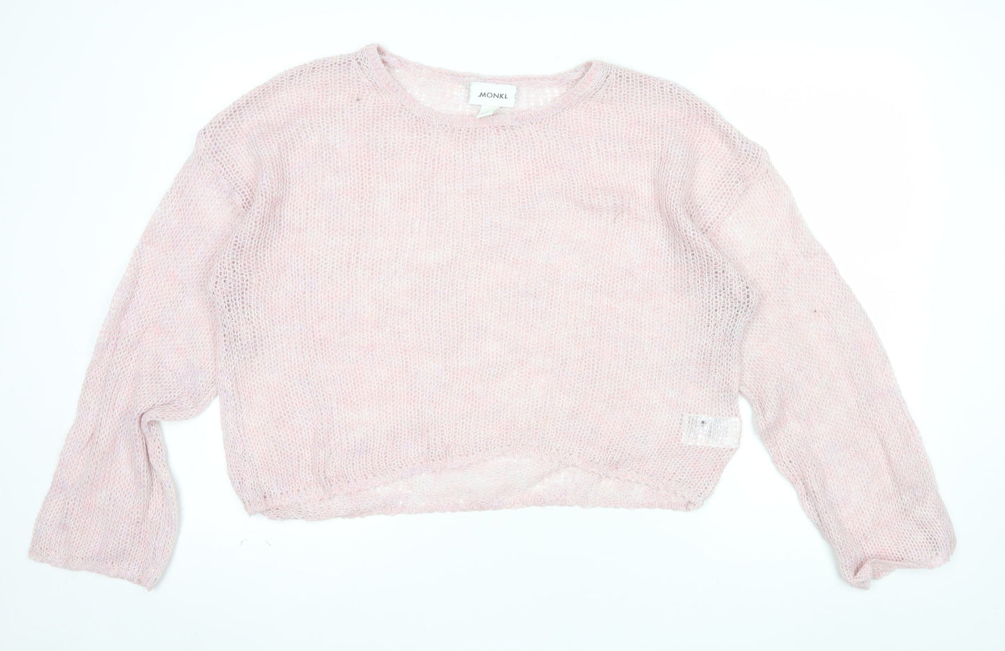 Monki Women Pink Open Knit Crew Neck Relaxed Pullover Jumper XL
