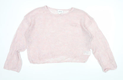 Monki Women Pink Open Knit Crew Neck Relaxed Pullover Jumper XL