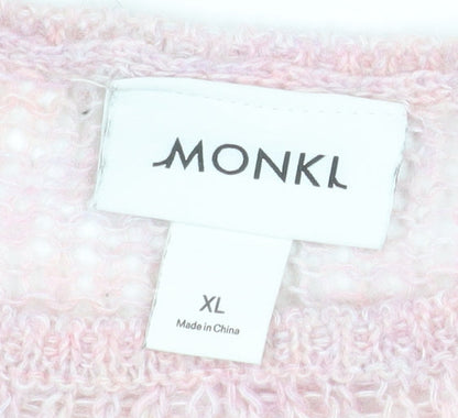 Monki Women Pink Open Knit Crew Neck Relaxed Pullover Jumper XL