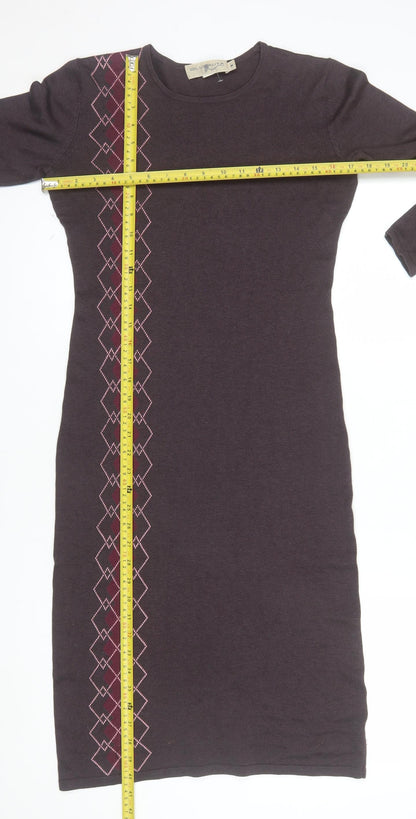 Blunauta Women Brown Argyle Knit Silk Cashmere Bodycon Dress M