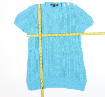 Ralph Lauren Women's Blue Cable-Knit Short Sleeve Cotton Linen Jumper Size M