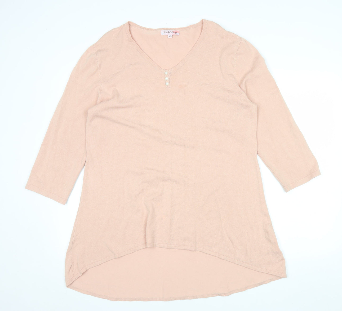 Michele Hope Womens Beige Knit 3/4 Sleeve V-Neck Blouse Size 14