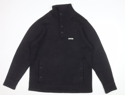Boxfresh Mens Black Wool Blend Henley Jumper XL High Neck Casual
