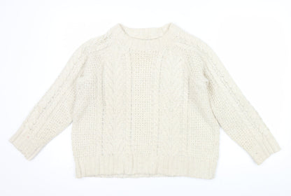 Fat Face Women Ivory Cable Knit Crew Neck Wool Jumper Size 10