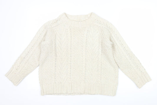 Fat Face Women Ivory Cable Knit Crew Neck Wool Jumper Size 10