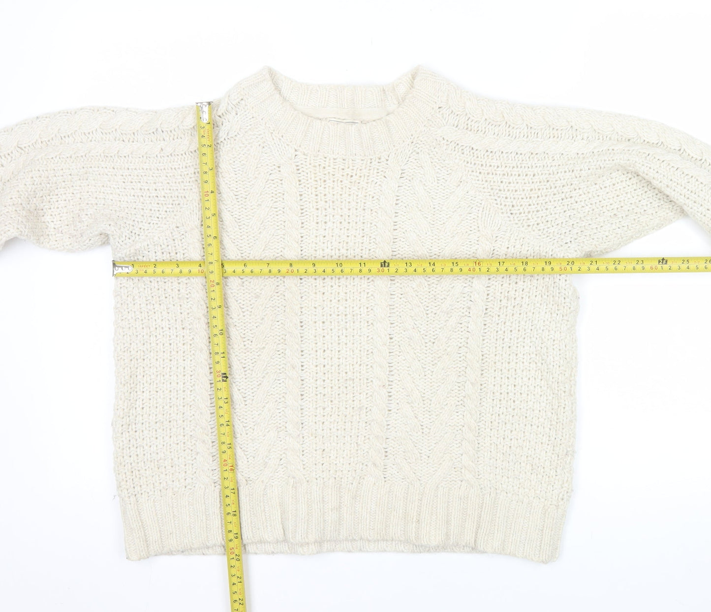 Fat Face Women Ivory Cable Knit Crew Neck Wool Jumper Size 10