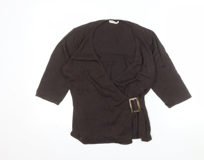 Kaliko Womens Brown Wrap Blouse Size 14 3/4 Sleeve V-Neck Buckle