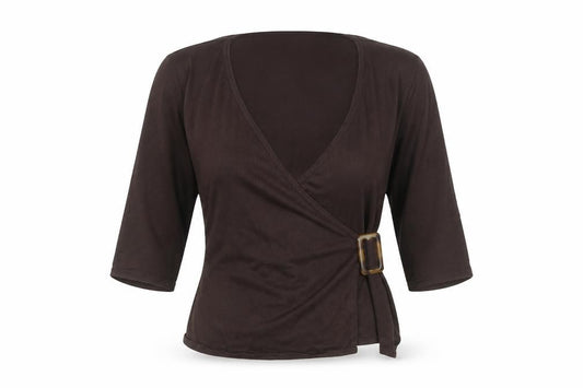 Kaliko Womens Brown Wrap Blouse Size 14 3/4 Sleeve V-Neck Buckle