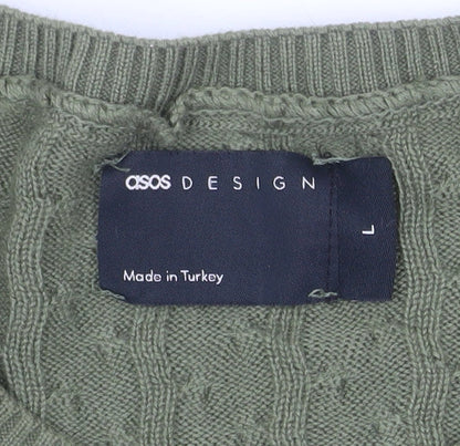 ASOS DESIGN Men's Green Cable-Knit Crew Neck Jumper Size L