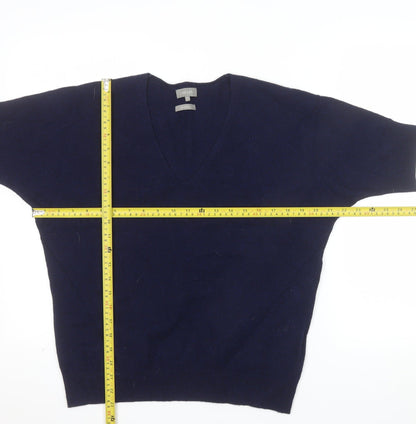 Jaeger Women Navy Wool Cashmere V-Neck Short Sleeve Jumper Size S