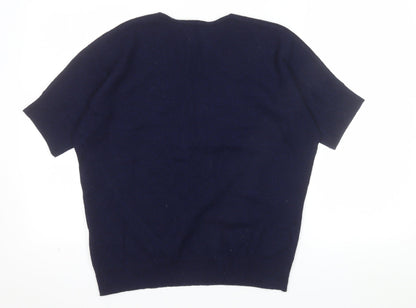 Jaeger Women Navy Wool Cashmere V-Neck Short Sleeve Jumper Size S