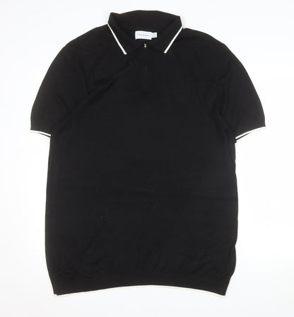 Topman Mens Black XL Knit Zip Collar Polo Shirt Short Sleeve