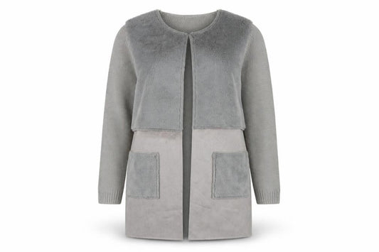 Roman Women Grey Size 14 Faux Fur Trim Knit Longline Cardigan