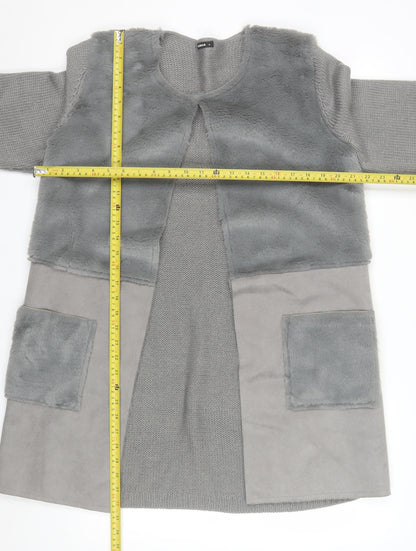 Roman Women Grey Size 14 Faux Fur Trim Knit Longline Cardigan