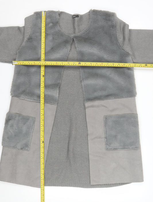 Roman Women Grey Size 14 Faux Fur Trim Knit Longline Cardigan