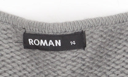 Roman Women Grey Size 14 Faux Fur Trim Knit Longline Cardigan