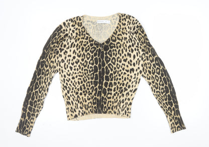 Warehouse Women’s Beige Leopard Print Knit V-Neck Long Sleeve Top Size S