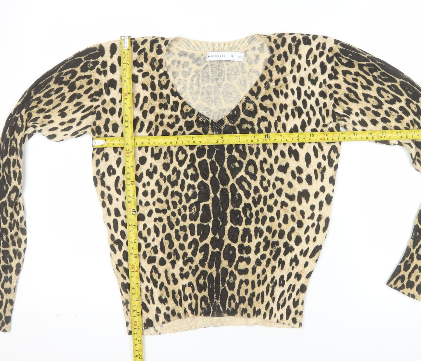 Warehouse Women’s Beige Leopard Print Knit V-Neck Long Sleeve Top Size S