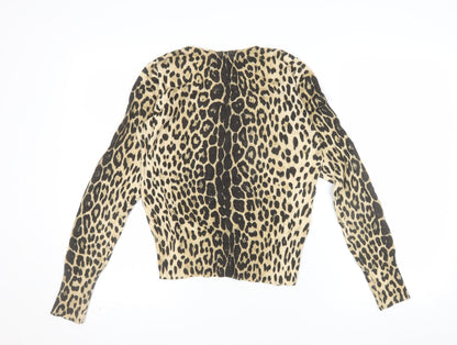 Warehouse Women’s Beige Leopard Print Knit V-Neck Long Sleeve Top Size S