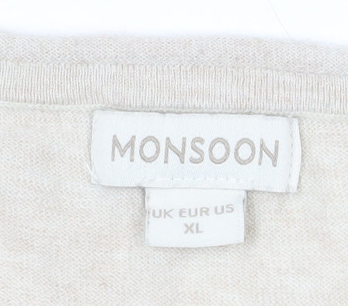 Monsoon Women Beige V-Neck Wool Blend Lightweight Jumper XL